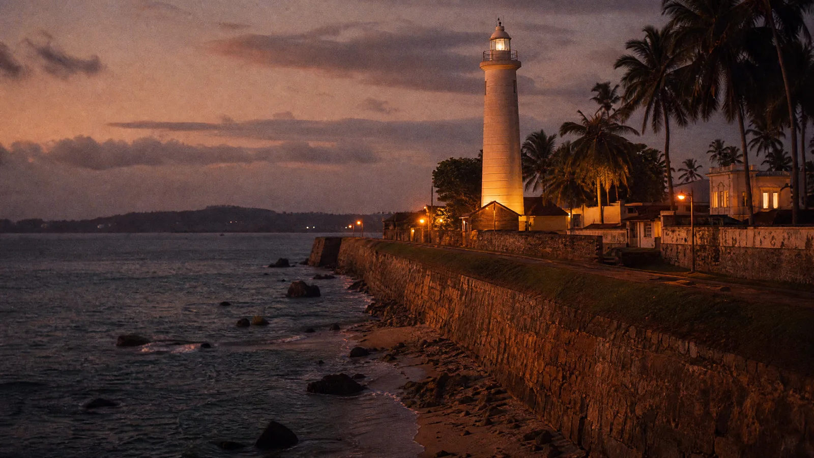 The Galle fort ramparts and lighthouse at dusk