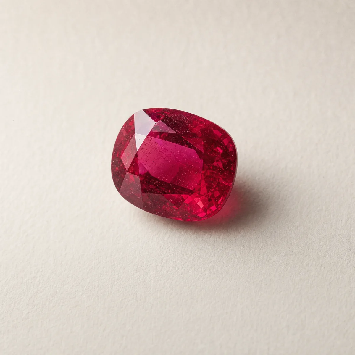 Cushion-cut pinkish-red ruby on white gem paper