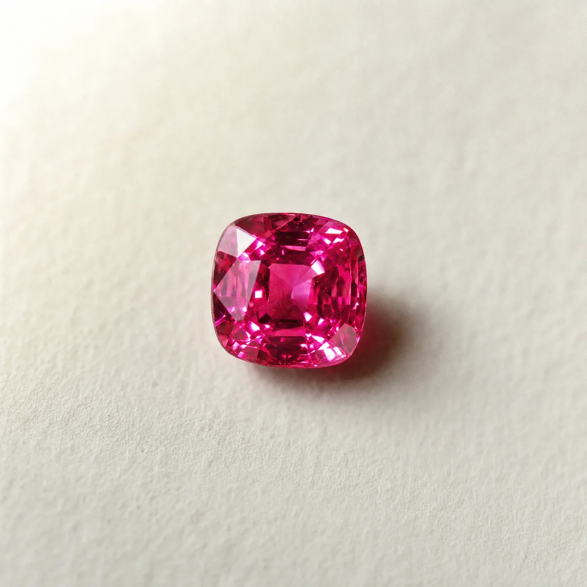 Cushion-cut vivid pink spinel on white gem paper