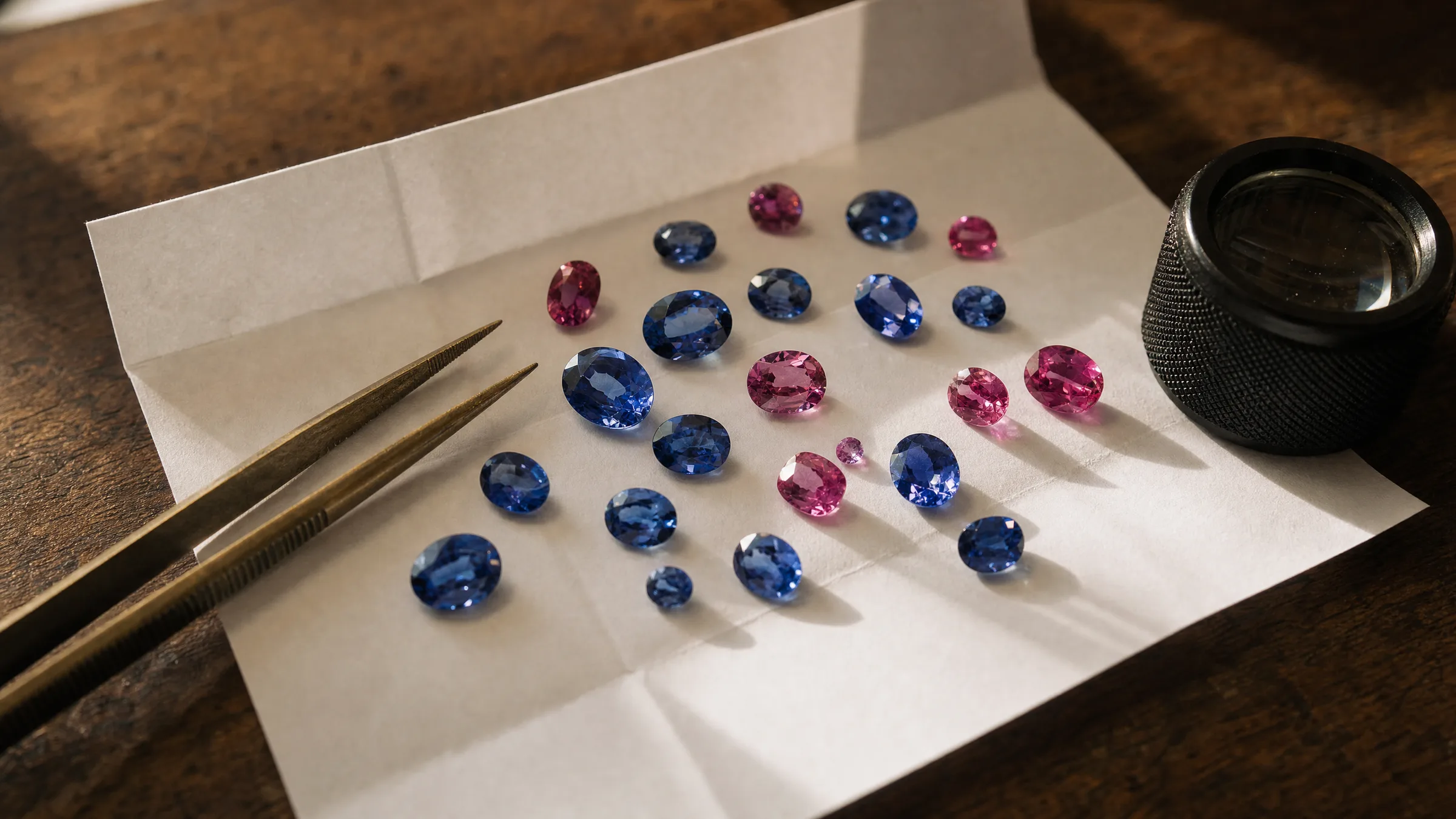 Loose sapphires and spinels on a white sorting paper