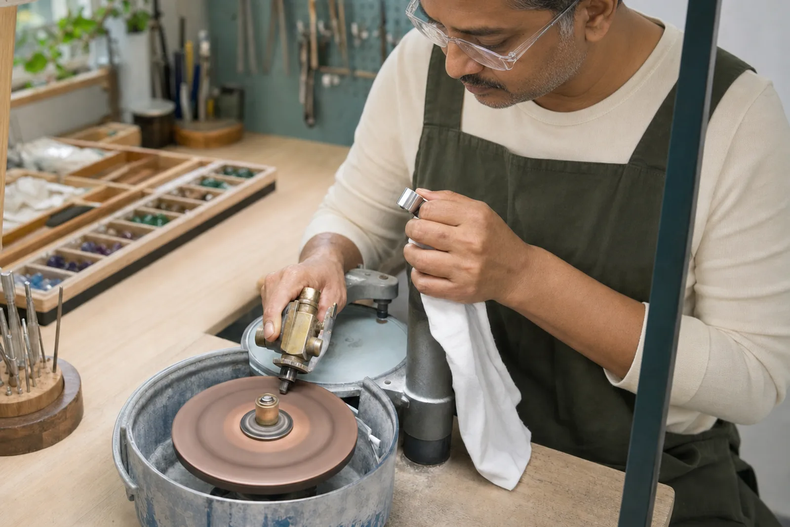 A lapidary's hands cutting a sapphire on the lap wheel in the Gintota workshop